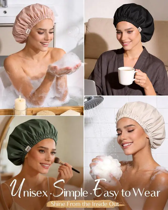 Alt view image 6 of 7 - Satin Lined Shower Cap, Shower Caps for Women Reusable Waterproof | Frizz Free & Large Durable Bath Cap with Soft Elastic Band, Luxury Hair Protection Caps, Nylon Shower Hair Cap