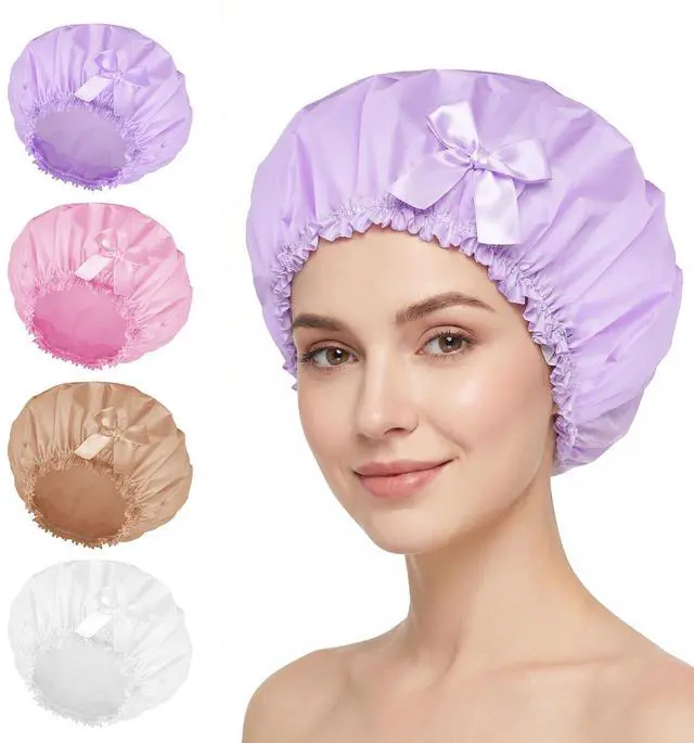Main image of Shower Cap for Women, 4 PCS Large Waterproof Bath Cap w/Bow | Reusable PEVA Hair Caps for Women Men Girls, Bath Accessories, Spa, Travel Home - White+Pink+Purple+Light Coffee