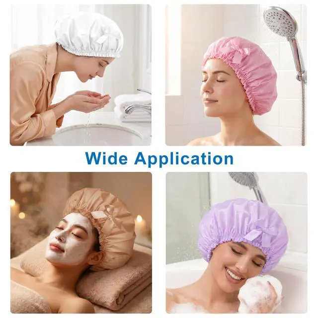 Alt view image 2 of 7 - Shower Cap for Women, 4 PCS Large Waterproof Bath Cap w/Bow | Reusable PEVA Hair Caps for Women Men Girls, Bath Accessories, Spa, Travel Home - White+Pink+Purple+Light Coffee