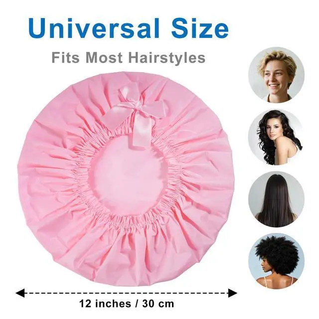 Alt view image 3 of 7 - Shower Cap for Women, 4 PCS Large Waterproof Bath Cap w/Bow | Reusable PEVA Hair Caps for Women Men Girls, Bath Accessories, Spa, Travel Home - White+Pink+Purple+Light Coffee