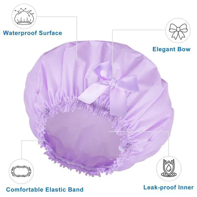 Alt view image 4 of 7 - Shower Cap for Women, 4 PCS Large Waterproof Bath Cap w/Bow | Reusable PEVA Hair Caps for Women Men Girls, Bath Accessories, Spa, Travel Home - White+Pink+Purple+Light Coffee