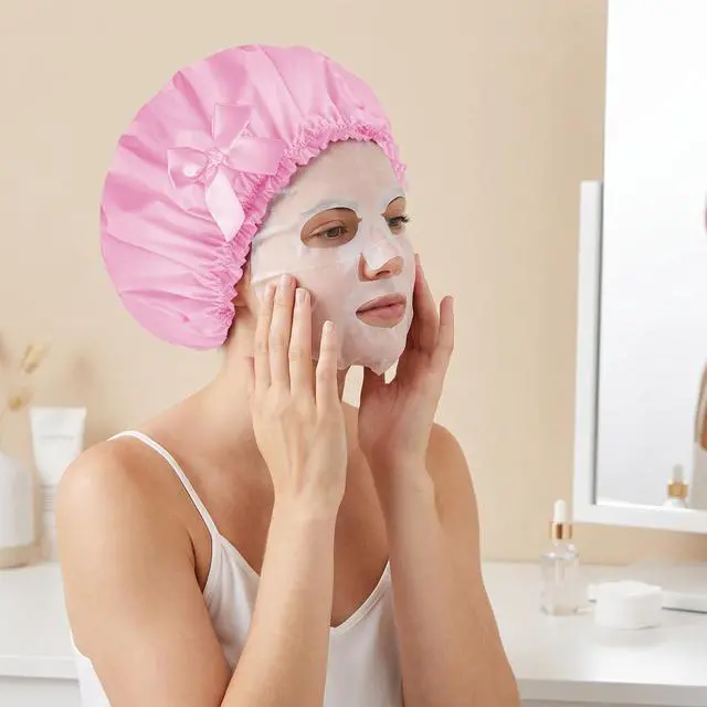 Alt view image 5 of 7 - Shower Cap for Women, 4 PCS Large Waterproof Bath Cap w/Bow | Reusable PEVA Hair Caps for Women Men Girls, Bath Accessories, Spa, Travel Home - White+Pink+Purple+Light Coffee