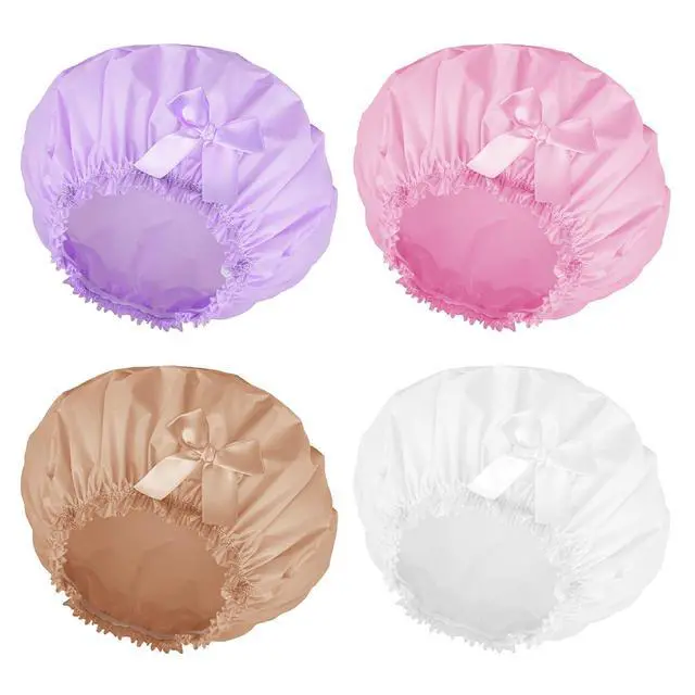 Alt view image 7 of 7 - Shower Cap for Women, 4 PCS Large Waterproof Bath Cap w/Bow | Reusable PEVA Hair Caps for Women Men Girls, Bath Accessories, Spa, Travel Home - White+Pink+Purple+Light Coffee