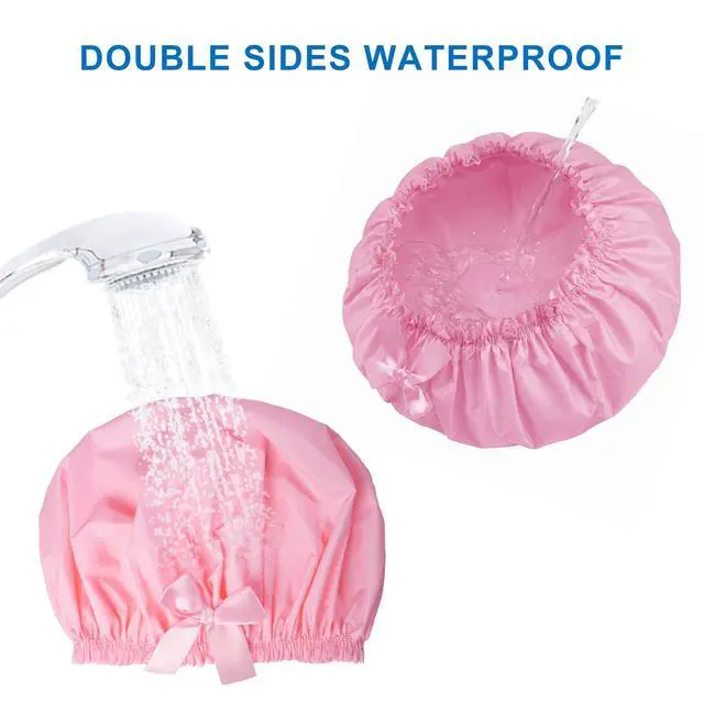 Alt view image 6 of 7 - Shower Cap for Women, 4 PCS Large Waterproof Bath Cap w/Bow | Reusable PEVA Hair Caps for Women Men Girls, Bath Accessories, Spa, Travel Home - White+Pink+Purple+Light Coffee