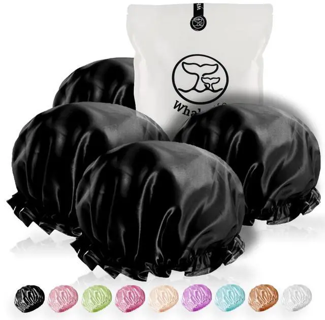 Main image of Shower Cap - Black Double-Layer Waterproof Reusable Satin-Lined for Women Men | Fits Thick Hair | Home Spa Travel 4 Pack |