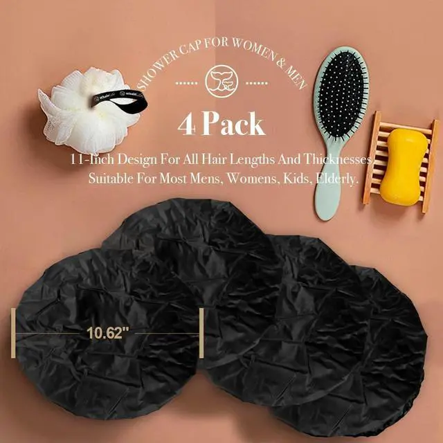 Alt view image 4 of 6 - Shower Cap - Black Double-Layer Waterproof Reusable Satin-Lined for Women Men | Fits Thick Hair | Home Spa Travel 4 Pack |