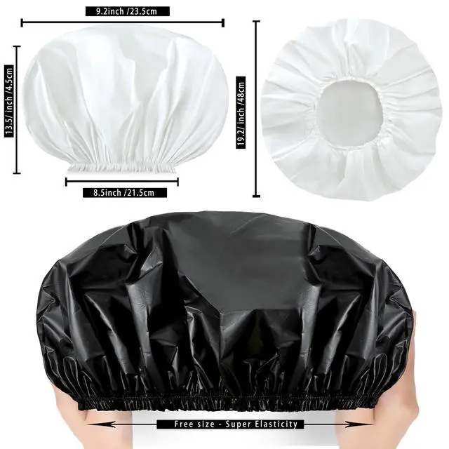 Alt view image 4 of 7 - Super Jumbo Shower Cap for Women, 2 PCS Waterproof Hair Caps for Locs | Extra Large, Double Side Reusable PEVA Bath Cap, Washable, Holds Long Thick Twist Braid - Black + White