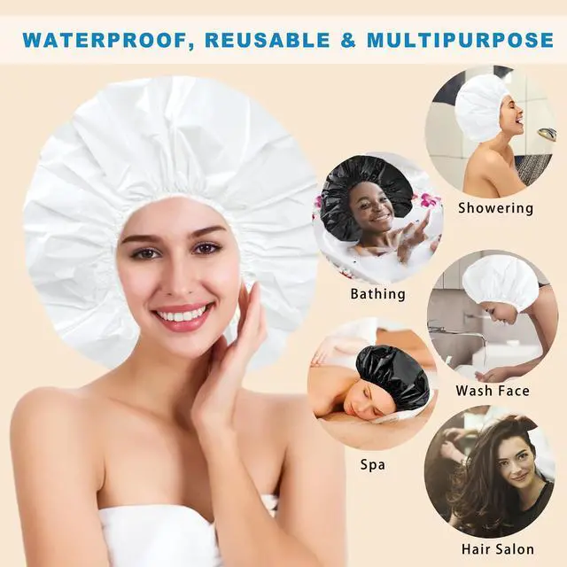 Alt view image 6 of 7 - Super Jumbo Shower Cap for Women, 2 PCS Waterproof Hair Caps for Locs | Extra Large, Double Side Reusable PEVA Bath Cap, Washable, Holds Long Thick Twist Braid - Black + White