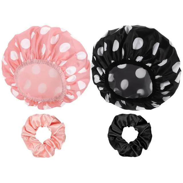 Alt view image 2 of 6 - 2 Packs Large Shower Caps for Women, Waterproof Shower Cap Double Layers Bath Caps with Hair Scrunchies for Long Thick Hair