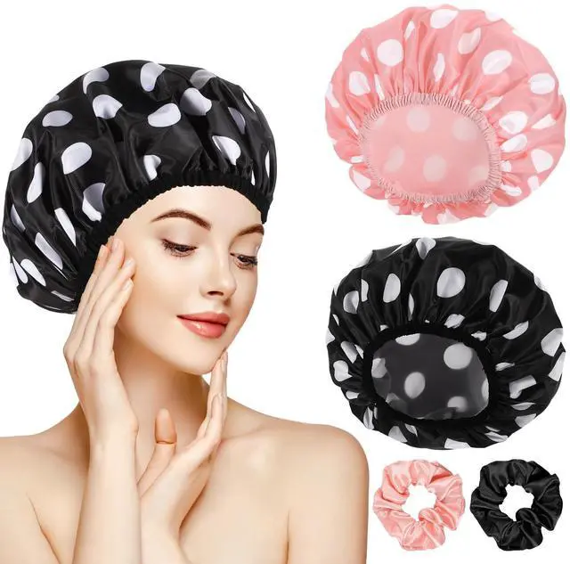 Main image of 2 Packs Large Shower Caps for Women, Waterproof Shower Cap Double Layers Bath Caps with Hair Scrunchies for Long Thick Hair