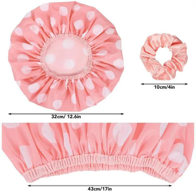 Alt view image 3 of 6 - 2 Packs Large Shower Caps for Women, Waterproof Shower Cap Double Layers Bath Caps with Hair Scrunchies for Long Thick Hair