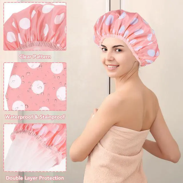 Alt view image 4 of 6 - 2 Packs Large Shower Caps for Women, Waterproof Shower Cap Double Layers Bath Caps with Hair Scrunchies for Long Thick Hair