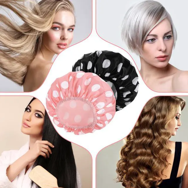 Alt view image 5 of 6 - 2 Packs Large Shower Caps for Women, Waterproof Shower Cap Double Layers Bath Caps with Hair Scrunchies for Long Thick Hair