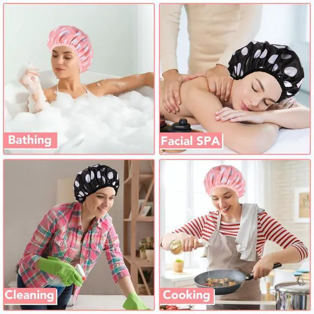 Alt view image 6 of 6 - 2 Packs Large Shower Caps for Women, Waterproof Shower Cap Double Layers Bath Caps with Hair Scrunchies for Long Thick Hair