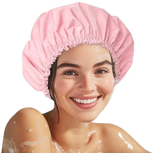 Main image of Shower Cap for Women, Large Waterproof Shower Bonnet | Double Layer, Reusable Hair Protector, Washable Large Bath Cap, Wide Elastic Band, for Long Hair, Braids - Pink