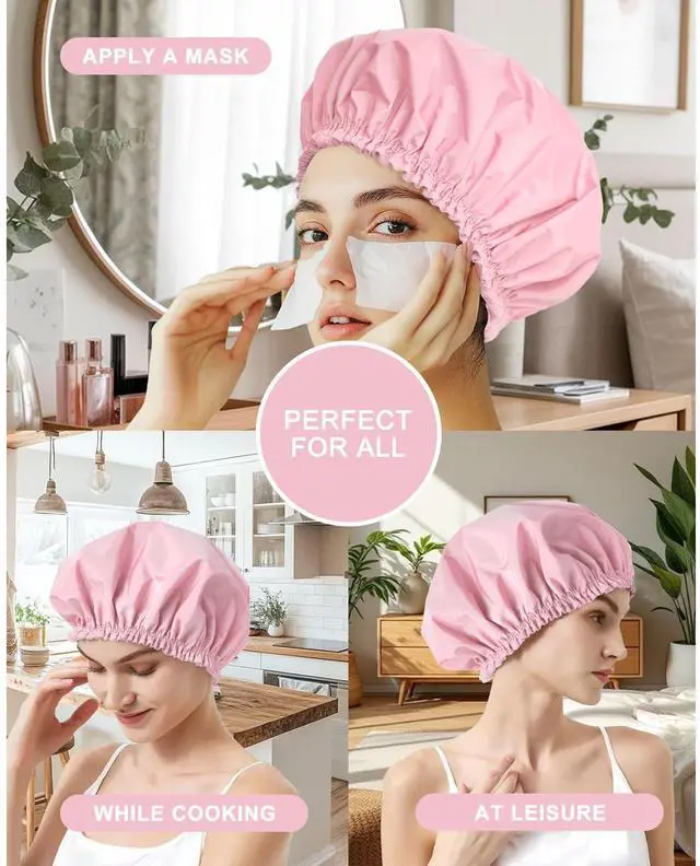 Alt view image 3 of 7 - Shower Cap for Women, Large Waterproof Shower Bonnet | Double Layer, Reusable Hair Protector, Washable Large Bath Cap, Wide Elastic Band, for Long Hair, Braids - Pink