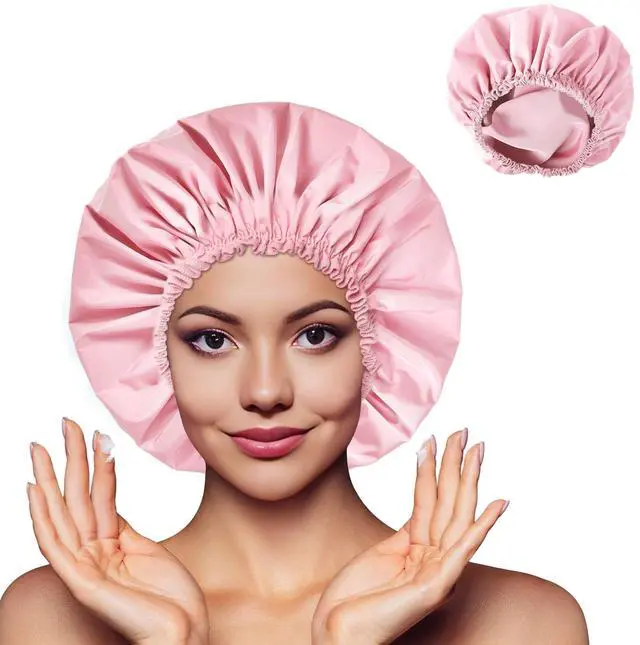 Alt view image 2 of 7 - Shower Cap for Women, Large Waterproof Shower Bonnet | Double Layer, Reusable Hair Protector, Washable Large Bath Cap, Wide Elastic Band, for Long Hair, Braids - Pink