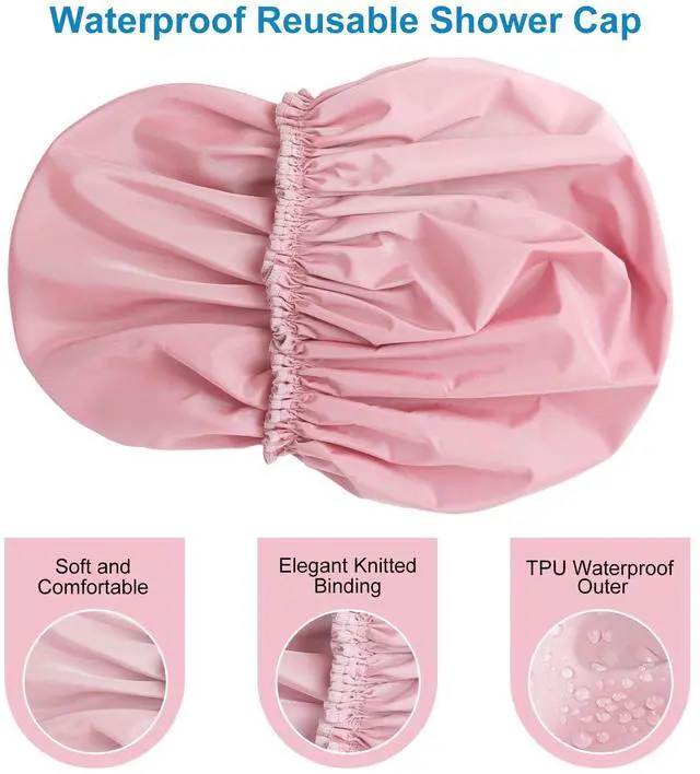 Alt view image 6 of 7 - Shower Cap for Women, Large Waterproof Shower Bonnet | Double Layer, Reusable Hair Protector, Washable Large Bath Cap, Wide Elastic Band, for Long Hair, Braids - Pink