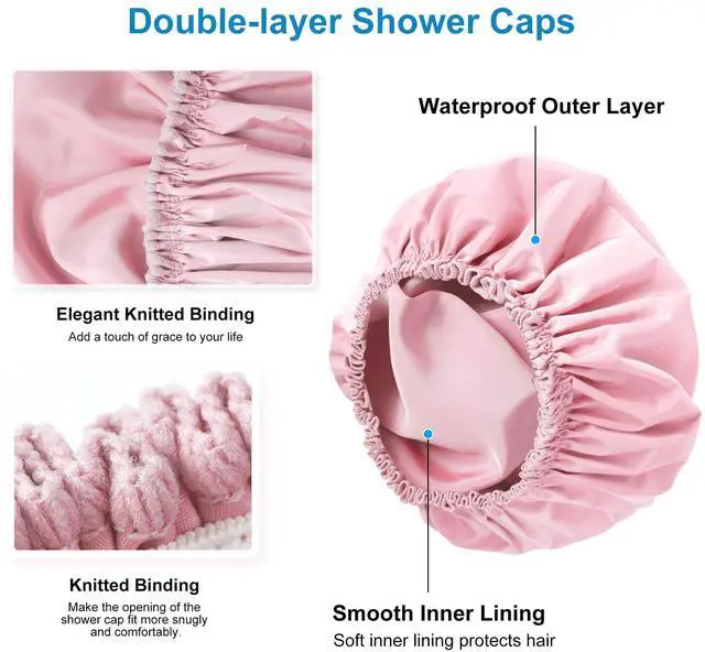 Alt view image 5 of 7 - Shower Cap for Women, Large Waterproof Shower Bonnet | Double Layer, Reusable Hair Protector, Washable Large Bath Cap, Wide Elastic Band, for Long Hair, Braids - Pink
