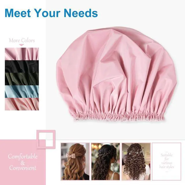 Alt view image 7 of 7 - Shower Cap for Women, Large Waterproof Shower Bonnet | Double Layer, Reusable Hair Protector, Washable Large Bath Cap, Wide Elastic Band, for Long Hair, Braids - Pink