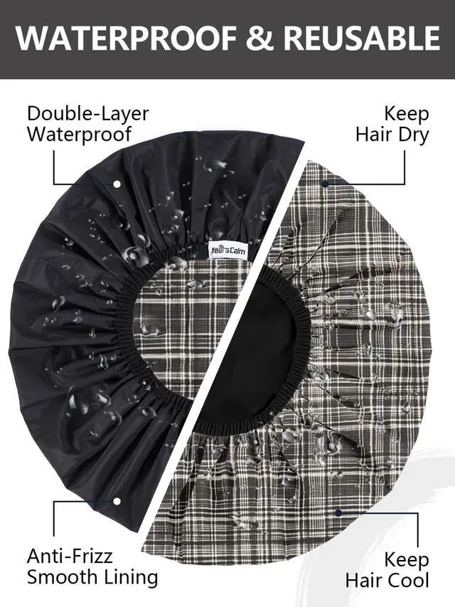 Alt view image 2 of 7 - Men Shower Cap Reusable Waterproof, Dual-Layer Hair Cap Plaid | Double-Sided Use,Protects Hair in Shower, Spa, Travel & Cooking, Adjustable Elastic for Comfortable Fit