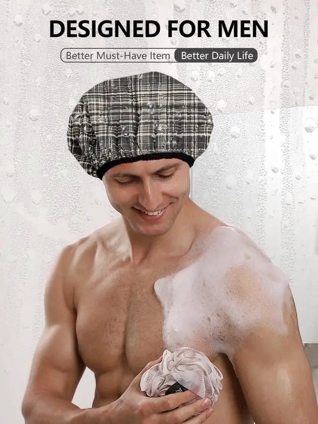 Alt view image 4 of 7 - Men Shower Cap Reusable Waterproof, Dual-Layer Hair Cap Plaid | Double-Sided Use,Protects Hair in Shower, Spa, Travel & Cooking, Adjustable Elastic for Comfortable Fit