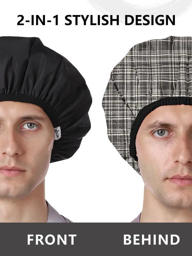 Alt view image 3 of 7 - Men Shower Cap Reusable Waterproof, Dual-Layer Hair Cap Plaid | Double-Sided Use,Protects Hair in Shower, Spa, Travel & Cooking, Adjustable Elastic for Comfortable Fit