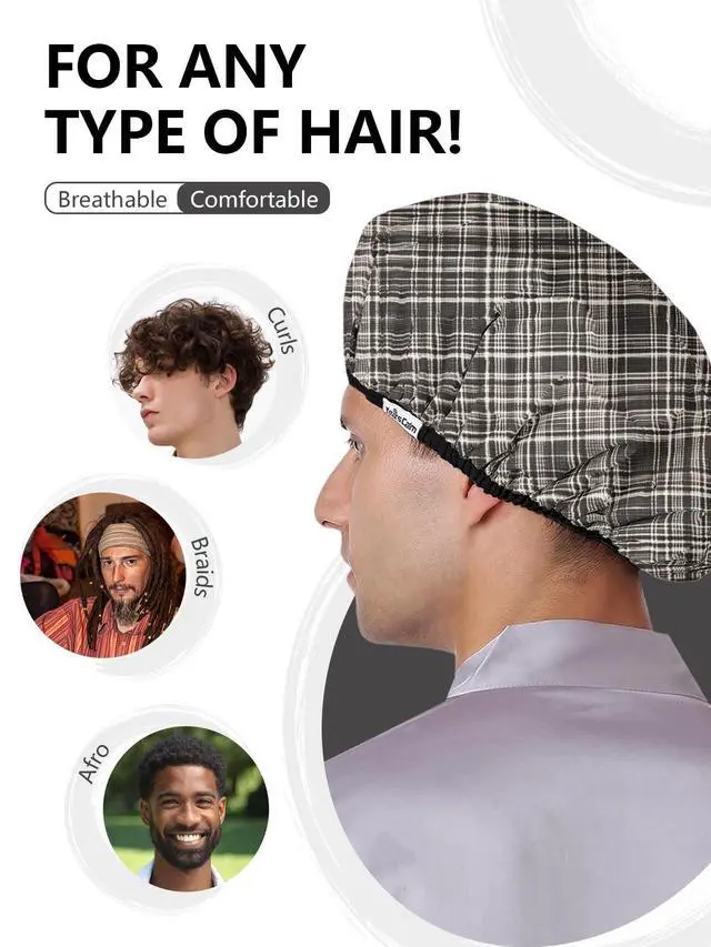 Alt view image 7 of 7 - Men Shower Cap Reusable Waterproof, Dual-Layer Hair Cap Plaid | Double-Sided Use,Protects Hair in Shower, Spa, Travel & Cooking, Adjustable Elastic for Comfortable Fit