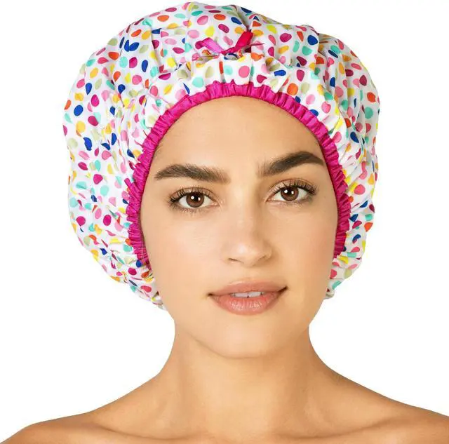 Main image of Fashionista Reusable Shower Cap, Deco Dots | Oversized Waterproof PEVA Lined Bath Cap for All Hair Lengths, Elastic Stretch Hem Hair Hat