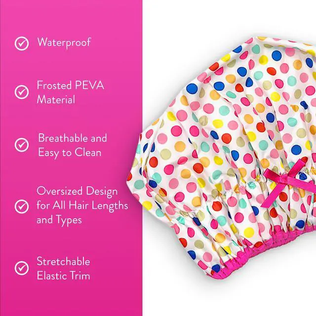 Alt view image 3 of 7 - Fashionista Reusable Shower Cap, Deco Dots | Oversized Waterproof PEVA Lined Bath Cap for All Hair Lengths, Elastic Stretch Hem Hair Hat