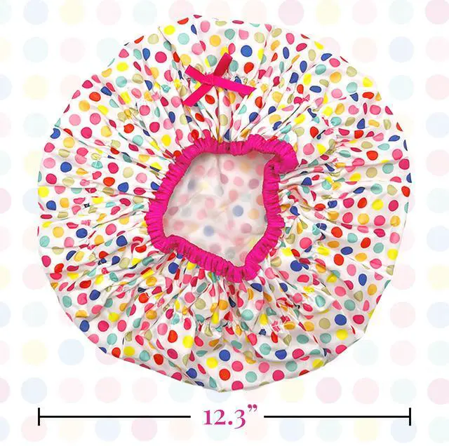 Alt view image 4 of 7 - Fashionista Reusable Shower Cap, Deco Dots | Oversized Waterproof PEVA Lined Bath Cap for All Hair Lengths, Elastic Stretch Hem Hair Hat