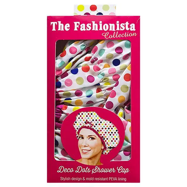 Alt view image 6 of 7 - Fashionista Reusable Shower Cap, Deco Dots | Oversized Waterproof PEVA Lined Bath Cap for All Hair Lengths, Elastic Stretch Hem Hair Hat