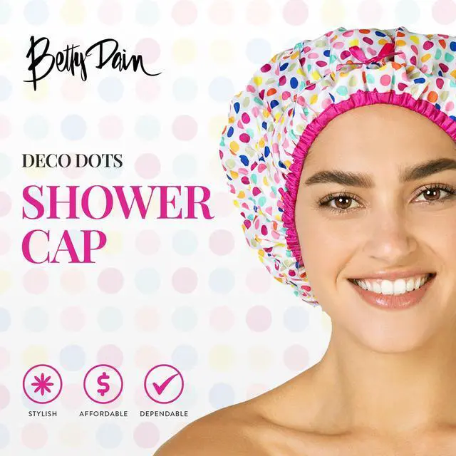 Alt view image 2 of 7 - Fashionista Reusable Shower Cap, Deco Dots | Oversized Waterproof PEVA Lined Bath Cap for All Hair Lengths, Elastic Stretch Hem Hair Hat