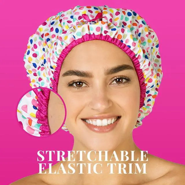 Alt view image 5 of 7 - Fashionista Reusable Shower Cap, Deco Dots | Oversized Waterproof PEVA Lined Bath Cap for All Hair Lengths, Elastic Stretch Hem Hair Hat