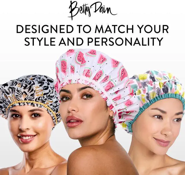 Alt view image 7 of 7 - Fashionista Reusable Shower Cap, Deco Dots | Oversized Waterproof PEVA Lined Bath Cap for All Hair Lengths, Elastic Stretch Hem Hair Hat
