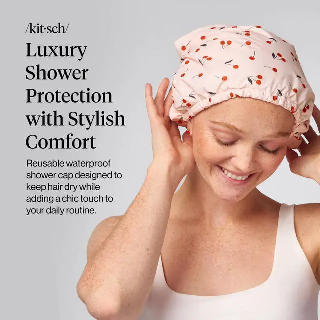 Alt view image 2 of 7 - Luxury Large Shower Cap for Women - Cherry Print | Shower Caps for Women Reusable Waterproof - Non-slip, Comfortable Quick-dry Hair Shower Cap for All Hair Types