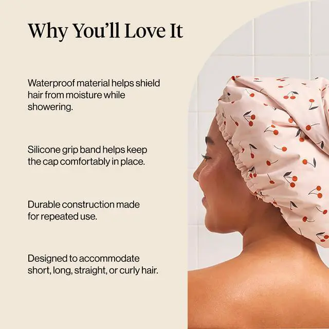 Alt view image 5 of 7 - Luxury Large Shower Cap for Women - Cherry Print | Shower Caps for Women Reusable Waterproof - Non-slip, Comfortable Quick-dry Hair Shower Cap for All Hair Types