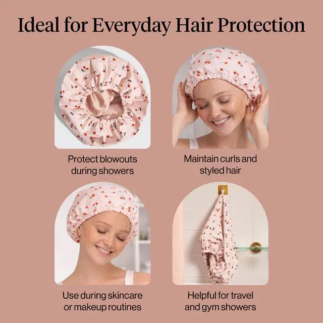 Alt view image 6 of 7 - Luxury Large Shower Cap for Women - Cherry Print | Shower Caps for Women Reusable Waterproof - Non-slip, Comfortable Quick-dry Hair Shower Cap for All Hair Types