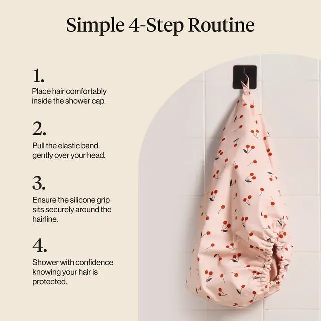 Alt view image 7 of 7 - Luxury Large Shower Cap for Women - Cherry Print | Shower Caps for Women Reusable Waterproof - Non-slip, Comfortable Quick-dry Hair Shower Cap for All Hair Types