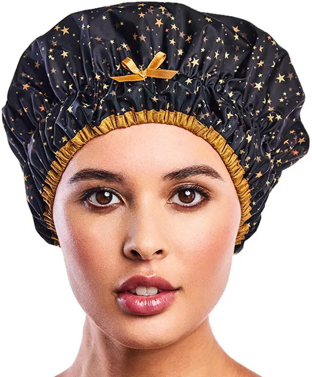 Main image of Fashionista Reusable Shower Cap, Starry Nights | Oversized Waterproof PEVA Lined Bath Cap for All Hair Lengths, Elastic Stretch Hem Hair Hat