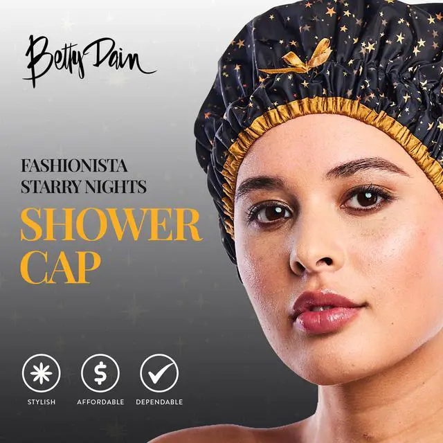 Alt view image 2 of 7 - Fashionista Reusable Shower Cap, Starry Nights | Oversized Waterproof PEVA Lined Bath Cap for All Hair Lengths, Elastic Stretch Hem Hair Hat
