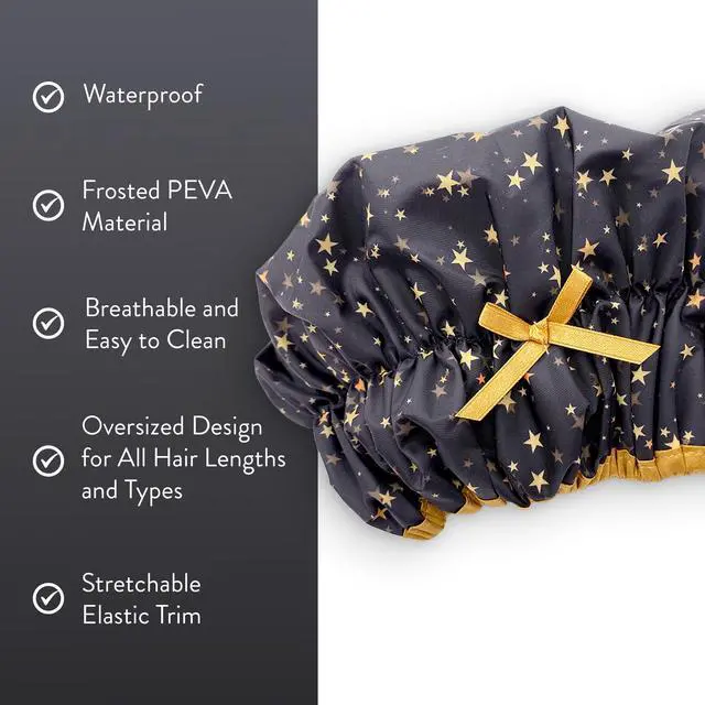 Alt view image 3 of 7 - Fashionista Reusable Shower Cap, Starry Nights | Oversized Waterproof PEVA Lined Bath Cap for All Hair Lengths, Elastic Stretch Hem Hair Hat