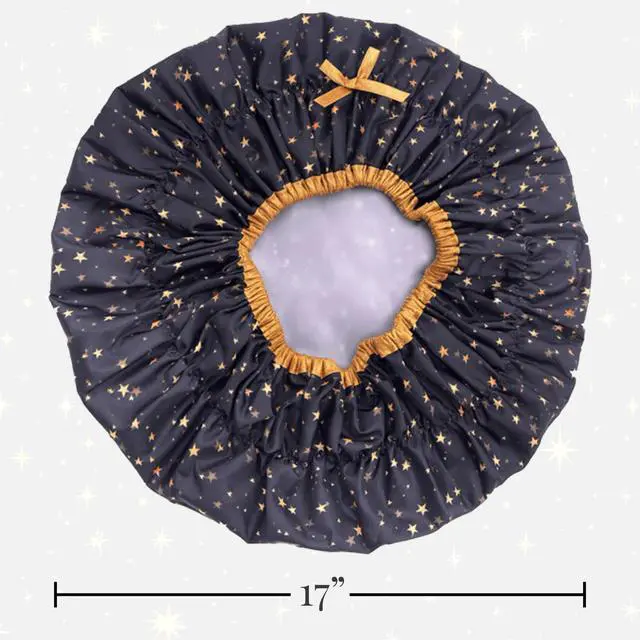Alt view image 4 of 7 - Fashionista Reusable Shower Cap, Starry Nights | Oversized Waterproof PEVA Lined Bath Cap for All Hair Lengths, Elastic Stretch Hem Hair Hat