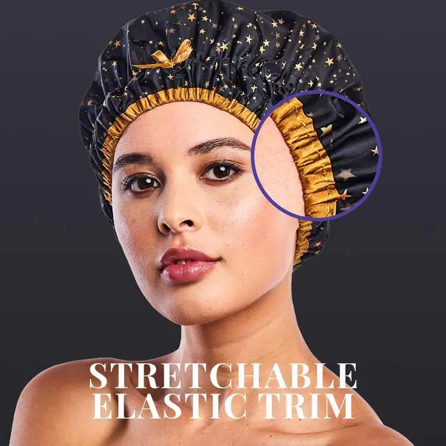 Alt view image 5 of 7 - Fashionista Reusable Shower Cap, Starry Nights | Oversized Waterproof PEVA Lined Bath Cap for All Hair Lengths, Elastic Stretch Hem Hair Hat