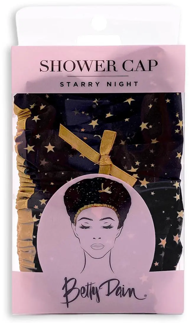 Alt view image 6 of 7 - Fashionista Reusable Shower Cap, Starry Nights | Oversized Waterproof PEVA Lined Bath Cap for All Hair Lengths, Elastic Stretch Hem Hair Hat