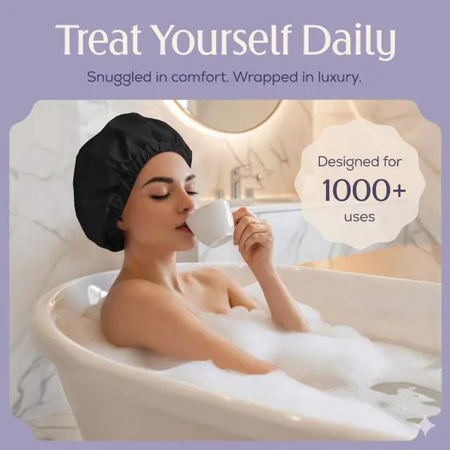 Alt view image 2 of 7 - Premium Shower Cap for Women with Long Hair. Reusable, 100% Waterproof, Double-Sided, Great For Curls with Anti-Frizz Fabric terry-lined. Black shower caps for women