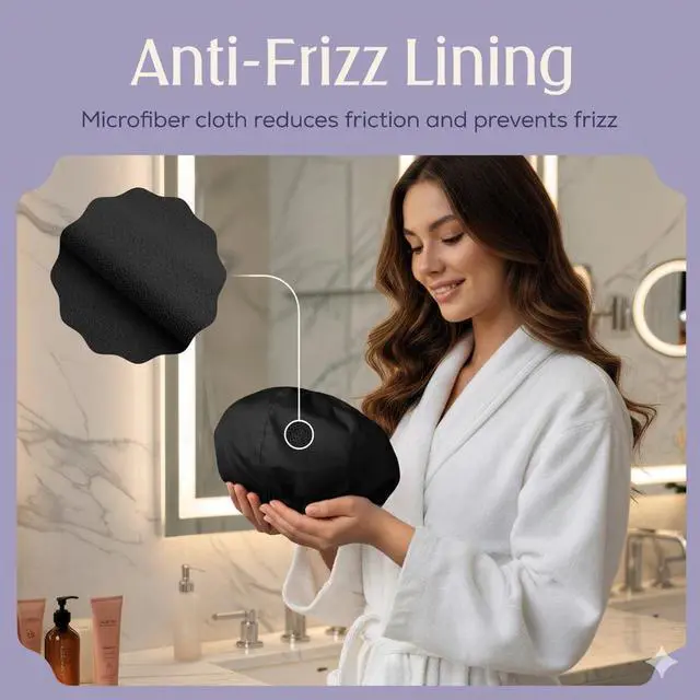 Alt view image 3 of 7 - Premium Shower Cap for Women with Long Hair. Reusable, 100% Waterproof, Double-Sided, Great For Curls with Anti-Frizz Fabric terry-lined. Black shower caps for women