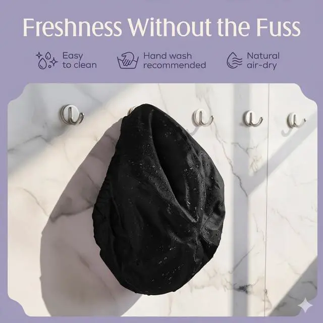 Alt view image 6 of 7 - Premium Shower Cap for Women with Long Hair. Reusable, 100% Waterproof, Double-Sided, Great For Curls with Anti-Frizz Fabric terry-lined. Black shower caps for women