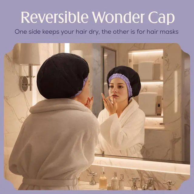 Alt view image 5 of 7 - Premium Shower Cap for Women with Long Hair. Reusable, 100% Waterproof, Double-Sided, Great For Curls with Anti-Frizz Fabric terry-lined. Black shower caps for women