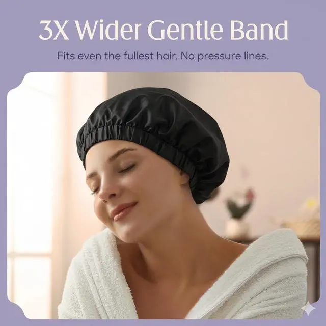 Alt view image 4 of 7 - Premium Shower Cap for Women with Long Hair. Reusable, 100% Waterproof, Double-Sided, Great For Curls with Anti-Frizz Fabric terry-lined. Black shower caps for women
